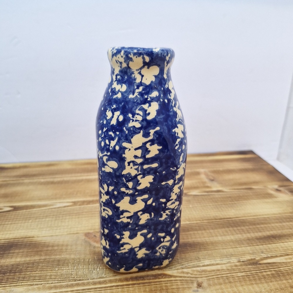 Alpine Pottery Roseville Ohio 1997 Milk Bottle‎ Vase Blue Spongeware 6.5"